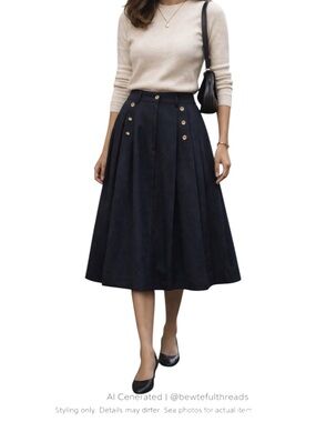 Vintage Pleated Navy Midi Skirt Gold Button Detail Preppy Parisian Chic 8 10